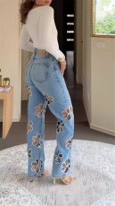 SC Hot Drill Flowers Hollow Out Straight Jeans YUMT-YMT484