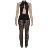 SC Lace Patchwork Halterneck Backless Jumpsuit XEF-K6Q01398A