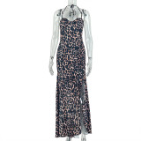 SC Leopard Print Irregular Backless Split Maxi Dress GJYO-303507