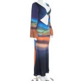 SC Print Long Sleeve Backless Maxi Dress GDSF-D26DS030