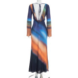 SC Print Long Sleeve Backless Maxi Dress GDSF-D26DS030