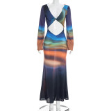 SC Print Long Sleeve Backless Maxi Dress GDSF-D26DS030
