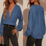 SC Long Sleeve V Neck Long Sleeve Denim Top GYAN-753
