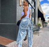 SC High Waisted Pleated Frayed-edge Straight Jeans GAKF-51101