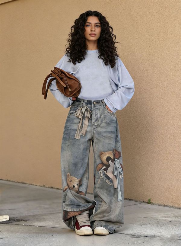 SC Plus Size Bear 3D Printed Loose Jeans GYLN-6035