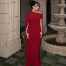 SC Solid Color Ruched Slash Neck Maxi Dress  GJYO-303986