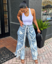 SC High Waisted Pleated Frayed-edge Straight Jeans GAKF-51101