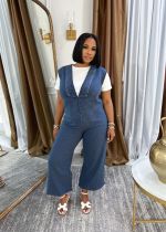 SC Plus Size Casual V Neck Loose Denim Sleeveless Jumpsuit GYLN-0619