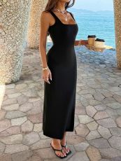 SC Solid Color Square Neck Long Dress GZEY-D26230033