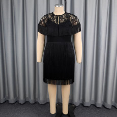 SC Plus Size Lace Patchwork Tassel Shawl + Sling Dress 2 Piece Set GKEN-AST051076