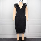 SC Plus Size Tassel Ruffles Deep V Neck Midi Dress GKEN-ADR051180