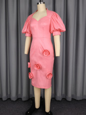 SC Lantern Sleeve Solid Color Slim Midi Dress GKEN-ADR060133