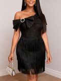 SC Slash shoulder Rhinestone Bow Fringe Midi Dress GKEN-ADR051214