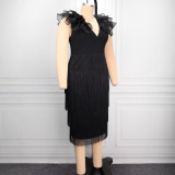 SC Plus Size Tassel Ruffles Deep V Neck Midi Dress GKEN-ADR051180
