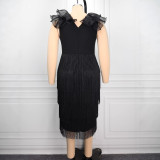 SC Plus Size Tassel Ruffles Deep V Neck Midi Dress GKEN-ADR051180