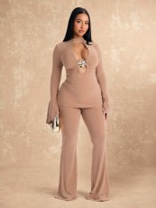 SC Deep V  Neck Long Sleeve Two Piece Pants Set GZIY-6365