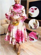 SC Plus Size Lantern Sleeve Print Midi Dress GQLK-6301