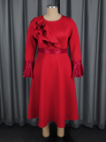 SC Plus Size Ruffles Neck Lantern Sleeve Sequin Midi Dress GKEN-AM050769
