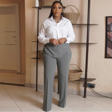 SC Long Sleeve Solid Shirt Wide Leg 2 Piece Set GANY-LB2467