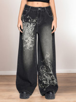 SC Vintage-print Loose-fit Wide-leg Jeans GQLF-1782