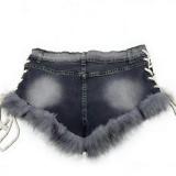 SC Retro Fur Patchwork Studs Denim Shorts GQLF-3010