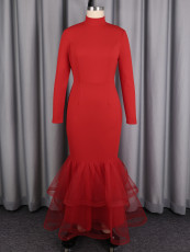 SC Mesh Patchwork Long Sleeve Midi Dress GKEN-ADR060107