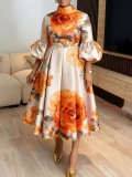 SC Plus Size Lantern Sleeve Print Midi Dress GQLK-6301