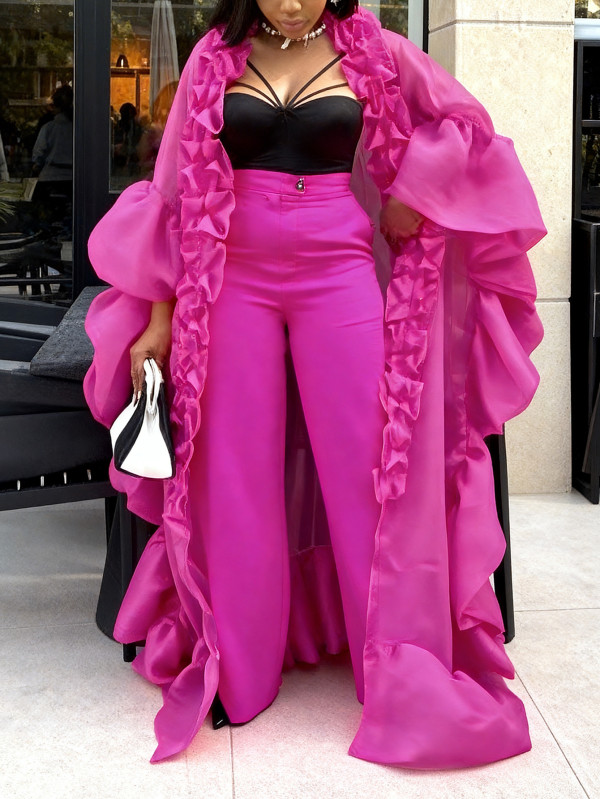SC Plus Size Ruffled Lantern Sleeve Robe Pants Suit GKEN-AOW060162