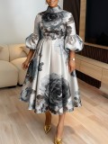 SC Plus Size Lantern Sleeve Print Midi Dress GQLK-6301