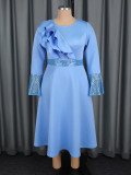 SC Plus Size Ruffles Neck Lantern Sleeve Sequin Midi Dress GKEN-AM050769