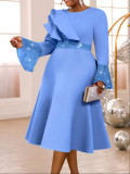 SC Plus Size Ruffles Neck Lantern Sleeve Sequin Midi Dress GKEN-AM050769