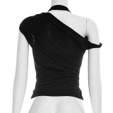 SC Solid Color Slash Shoulder Haterneck Tops GSBW-J26TP069