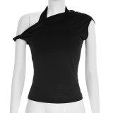 SC Solid Color Slash Shoulder Haterneck Tops GSBW-J26TP069