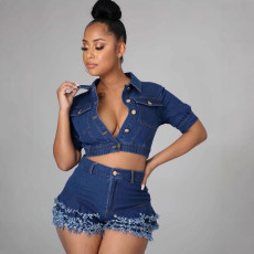 SC Denim Short Sleeve Tops Tassel Shorts 2 Piece Set YMEF-59015