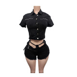 SC Denim Short Sleeve Short Two Piece Set MEM-88682