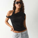 SC Solid Color Slash Shoulder Haterneck Tops GSBW-J26TP069