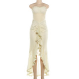 SC Off Shoudler Ruched Ruffles Split Maxi Dress DLSF-K6D00997A