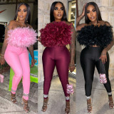 SC Feather Off Shoulder Backless Two Piece Pants Set YNSF-8025