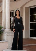 SC Mesh Embroidery Belt Wide Leg Jumpsuit LA-6006