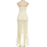 SC Off Shoudler Ruched Ruffles Split Maxi Dress DLSF-K6D00997A