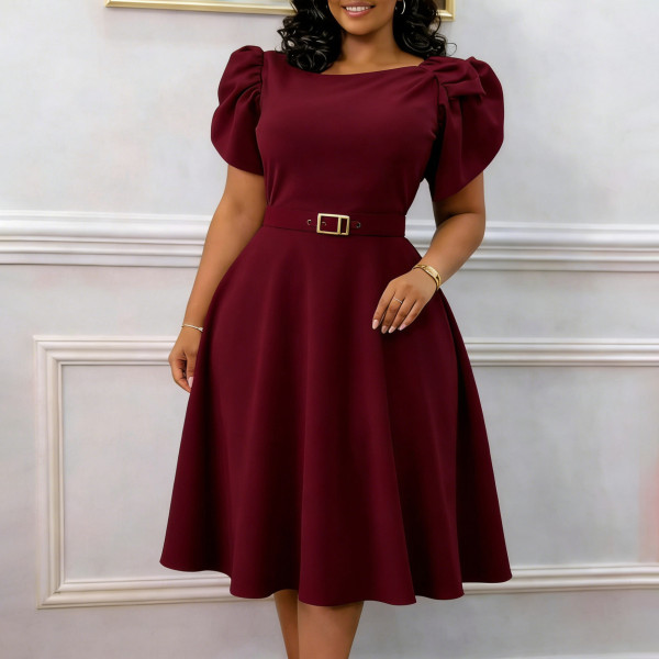 SC Plus Size Short Sleeve Solid Midi Dress GCZF-8654