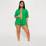 SC Solid Color Short Sleeve Shirt Two Piece Shorts Set YNSF-8027