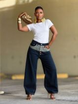 SC Plus Size Button-front Color Block Patchwork Jeans GYLN-4697
