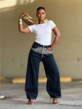 SC Plus Size Button-front Color Block Patchwork Jeans GYLN-4697