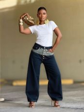SC Plus Size Button-front Color Block Patchwork Jeans GYLN-4697