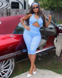 SC Polka Dots Print Halterneck Backless Romper(With Headscarf) CM-60322