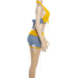 SC Knits Color Block Halterneck Backless Two Piece Skirts Set GZJQ-W6S02656A