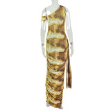 SC Sleeveless Ruched Slash Neck Print Maxi Dress GJYO-305013