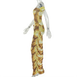 SC Sleeveless Ruched Slash Neck Print Maxi Dress GJYO-305013