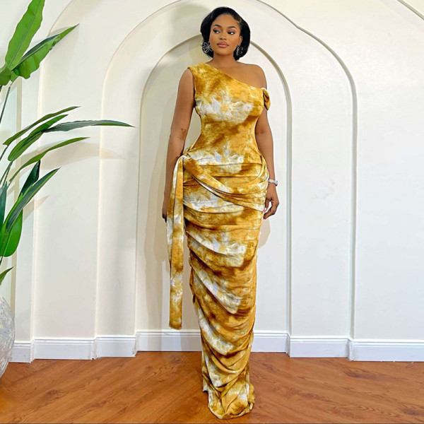 SC Sleeveless Ruched Slash Neck Print Maxi Dress GJYO-305013